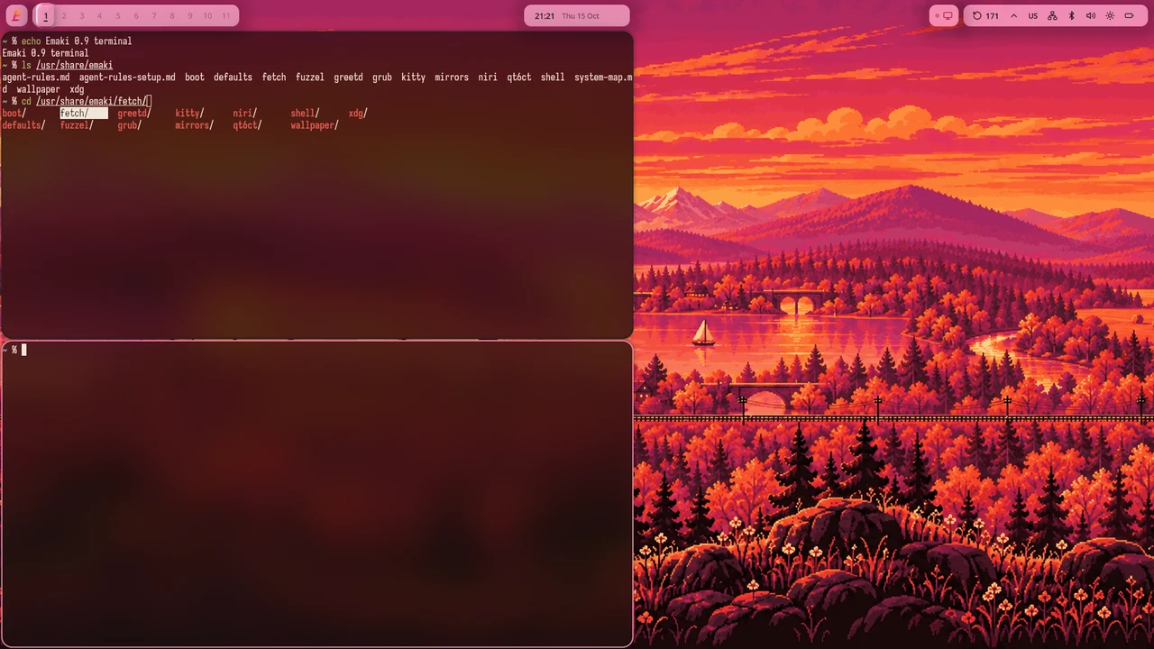 Two terminals stacked in one column beside the desktop